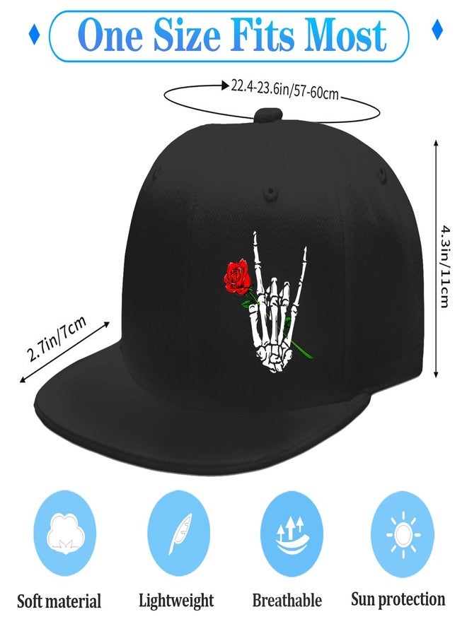 FACITE Mens Snapback Hats Flat Bill Hats for Men Skull Finger Rose hat Black Baseball hat for Mens Fitted Cool Hip Hop Trucker Cap Women Flat Brim Skateboard Accessories Gifts - Image 2